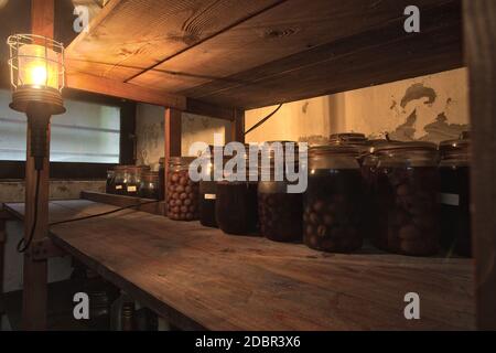Vasi con verdure sottaceto, composte fruttate e marmellate in seminterrato abbandonato con un leggero appeso conserve cibo in una cantina scura scaffale di legno Foto Stock