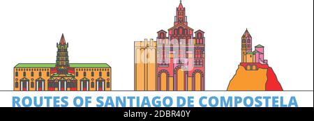 Francia, rotte di Santiago De Compostela linea paesaggio urbano, vettore piatto. Punto di riferimento della città di viaggio, illustrazione dell'oltino, icone del mondo di linea Illustrazione Vettoriale