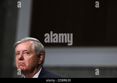 Il senatore degli Stati Uniti Lindsey Graham (repubblicano della Carolina del Sud), presidente del Comitato giudiziario del Senato degli Stati Uniti presiede un'audizione sull'influenza delle società di social media sulle elezioni del 2020 nel Dirksen Senate Office Building a Capitol Hill il 17 novembre 2020 a Washington, DC. Il Segretario di Stato della Georgia Brad Raffensperger ha detto che Graham aveva accennato al fatto che Raffensperger dovrebbe cercare di scartare alcuni voti in Georgia, dove è in corso un riconteggio delle elezioni presidenziali. Credit: Chip Somodevilla / Pool via CNP | utilizzo in tutto il mondo Foto Stock