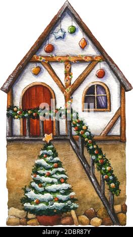 'Illustrazione disegnata a mano della casa di Natale decorata a due piani. Acquerello casa di festa con albero di Natale per cartoline, manifesti, souvenir. Illustrazione Vettoriale