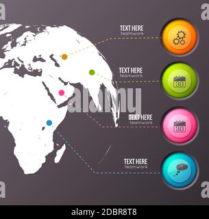 Composizione aziendale infografica della silhouette del globo terrestre collegata a quattro pulsanti di interfaccia colorati con pittogrammi, illustrazione vettoriale Illustrazione Vettoriale