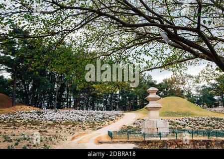 Pagoda di pietra a tre piani Seoak-dong e antiche tombe reali a Gyeongju, Corea Foto Stock