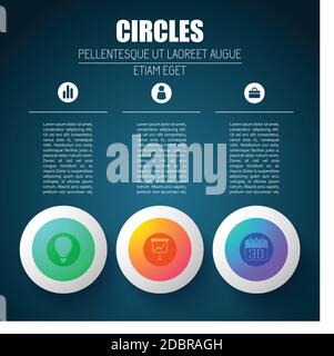 Concetto aziendale infografico con tre colonne di testo modificabili e pittogramma sagome in elementi di design rotondi illustrazione vettoriale Illustrazione Vettoriale