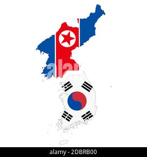 Una mappa del Nord e del Sud della Corea su sfondo bianco con tracciato di ritaglio Foto Stock