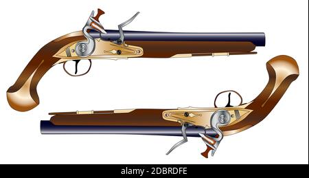 Una coppia di vecchio stile flintlock dueling pistols isolato su bianco. Foto Stock