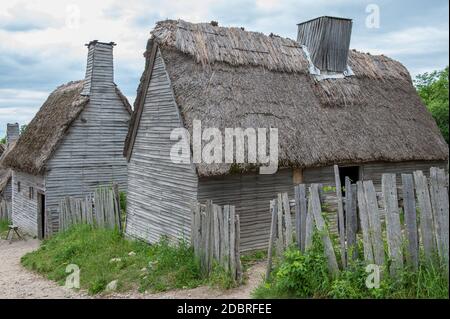 Plimoth Plantation a Plymouth, Massachusetts. Questo museo all'aperto riproduce l'insediamento originale dove il primo ringraziamento potrebbe essere stato tenuto nel 1621. Foto Stock