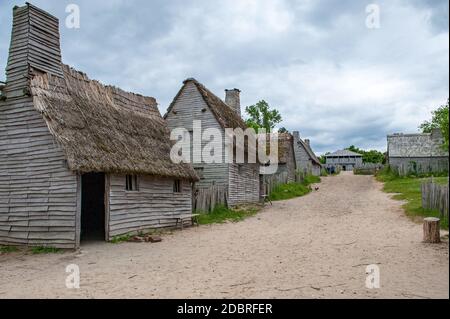Plimoth Plantation a Plymouth, Massachusetts. Questo museo all'aperto riproduce l'insediamento originale dove il primo ringraziamento potrebbe essere stato tenuto nel 1621. Foto Stock