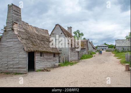Plimoth Plantation a Plymouth, Massachusetts. Questo museo all'aperto riproduce l'insediamento originale dove il primo ringraziamento potrebbe essere stato tenuto nel 1621. Foto Stock