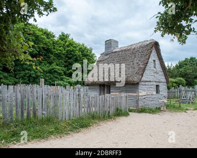 Plimoth Plantation a Plymouth, Massachusetts. Questo museo all'aperto riproduce l'insediamento originale dove il primo ringraziamento potrebbe essere stato tenuto nel 1621. Foto Stock