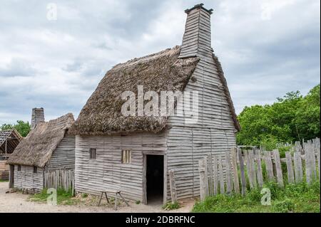 Plimoth Plantation a Plymouth, Massachusetts. Questo museo all'aperto riproduce l'insediamento originale dove il primo ringraziamento potrebbe essere stato tenuto nel 1621. Foto Stock