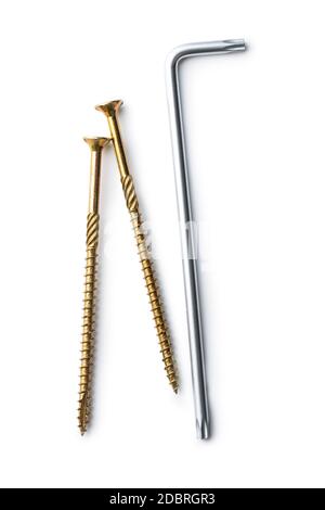 Cacciaviti Torx e viti metalliche isolate su sfondo bianco. Foto Stock