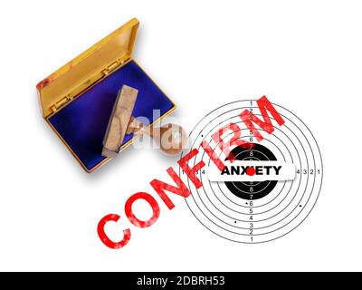 Vista dall'alto di un francobollo in gomma con una parola gigante - conferma e bersaglio isolato su bianco Foto Stock