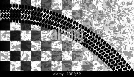 Un racing bandiera a scacchi con un pneumatico skid mark su uno sfondo sbiadito Foto Stock
