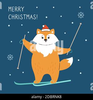 Biglietto di auguri natalizi, volpe con sci. Volpe rossa di nuovo anno nel cappello di Babbo Natale. Simpatico personaggio natalizio con cartoni animati disegnati a mano. Felice anno nuovo, Buon Natale. Vettore animale Illustrazione Vettoriale