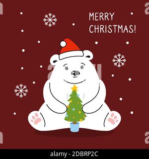 Biglietto di auguri natalizi. Orso polare cartoon seduto con albero. Mammifero animale di Capodanno, cappello rosso di santa. Orsetto invernale disegnato a mano. Divertenti animali carino vettore celebrare Illustrazione Vettoriale