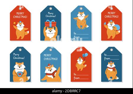 Set prezzo tag Natale, cartoon volpe. Etichetta di carta carino volpi vettoriali. Animale divertente cartone animato disegnato a mano. Etichetta del modello di raccolta del nuovo anno. Felice anno nuovo, buon Natale Illustrazione Vettoriale