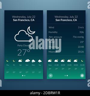 Concetto di interfaccia utente piatta con widget meteo ed elementi Web per l'illustrazione vettoriale del design mobile Illustrazione Vettoriale
