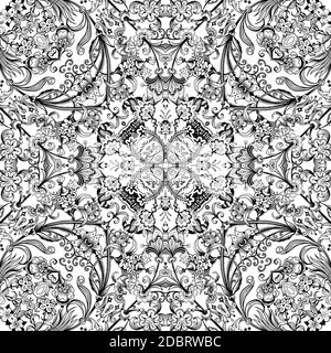 Vettore astratto etnico natura disegnata a mano sfondo ornamentale. Motivo senza giunture in bianco e nero Foto Stock