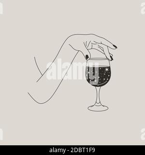 La mano della donna tiene un bicchiere di vino in stile minimalista. Vector Fashion Illustrazione del corpo femminile Illustrazione Vettoriale