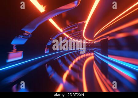 Illustrazione 3D di un corridoio interno di fantascienza di una navicella spaziale o di una stazione spaziale. Foto Stock
