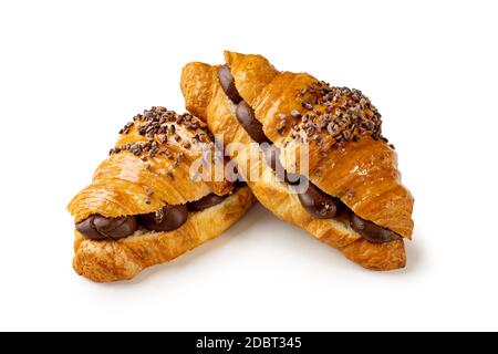 Croissant al cioccolato su un altro su sfondo bianco Foto Stock