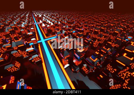 Illustrazione in 3D di una città di giochi per computer classica nello stile degli anni '80. Foto Stock