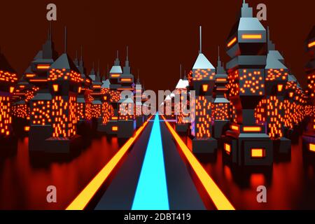 Illustrazione in 3D di una città di giochi per computer classica nello stile degli anni '80. Foto Stock