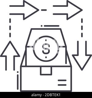 Icona delle importazioni commerciali, illustrazione isolata lineare, vettore a linee sottili, segno di disegno web, simbolo del concetto di contorno con tratto modificabile su sfondo bianco. Illustrazione Vettoriale