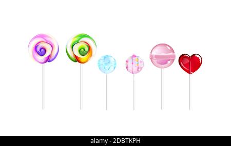 Lollipops, caramelle di zucchero insieme realistico di illustrazioni vettoriali. Roba dolce, caramello. Dessert gustosi, confezione di zucchero. Lecci, deliziosi appiccicosi 3d Foto Stock