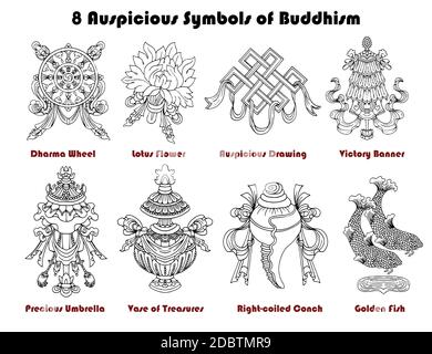 Set di design con otto auscenti simboli del buddismo isolati su bianco. Illustrazione vettoriale disegnata a mano religiosa, sfondo buddista Illustrazione Vettoriale
