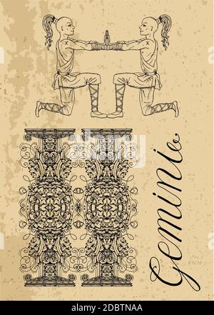 Gemini Zodiac segno e mascotte fantasy su texture. Collezione di personaggi e simboli astrologici in stile vittoriano. Illustrazione grafica vettoriale f Illustrazione Vettoriale