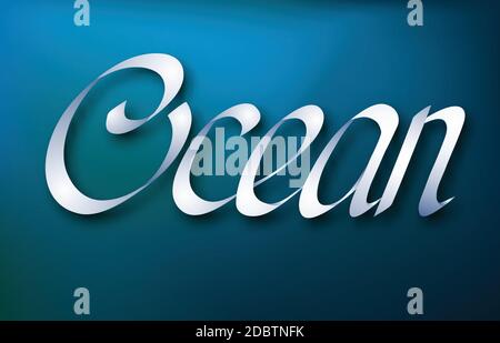 Concetto tipografico di design astratto con elegante iscrizione calligrafica Ocean Ribbon immagine vettoriale isolata su sfondo blu Illustrazione Vettoriale