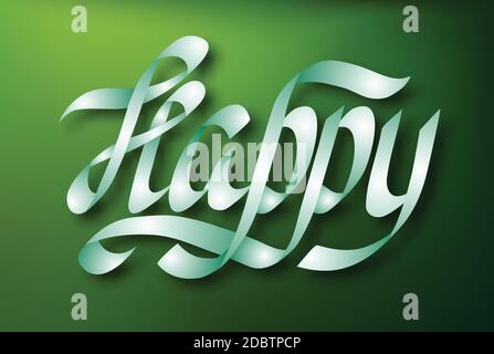 Disegno tipografico con elegante calligrafia felice parola sopra immagine vettoriale isolata con sfondo verde Illustrazione Vettoriale