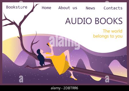 Modello di pagina di destinazione per supporti audio e libri. Illustrazione vettoriale persone con libri e cuffie, persone che ascoltano libri audio da un cellulare Foto Stock