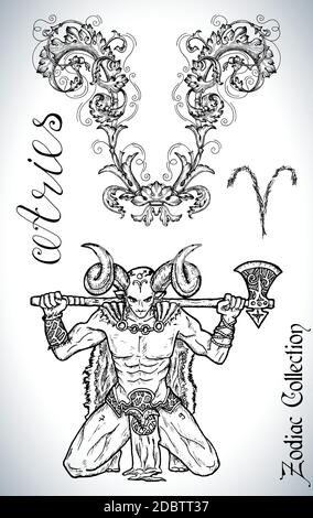 Set con segno zodiacale Aries e disegno mascotte. Collezione di simboli astrologici in stile barocco vittoriano e personaggi. Illustrazione del vettore disegnata a mano Illustrazione Vettoriale
