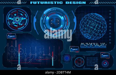 Interfaccia grafica futuristica hud design, elementi infografici, ologramma del globo. Tema e scienza, il tema dell'analisi. Illustrazione vettoriale Foto Stock