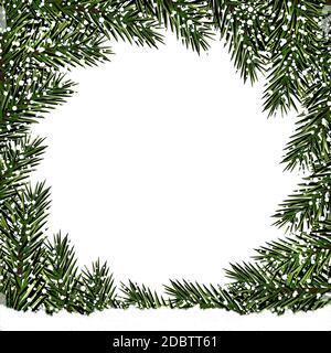 Anno nuovo. Natale. Cartolina. Rami verdi di abeti in un cerchio nella neve. Luogo per pubblicità, annunci. Illustrazione vettoriale Foto Stock