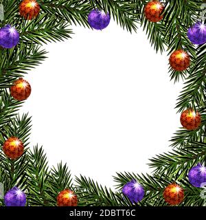Natale di Capodanno. Palline da cartolina con un motivo. Rami verdi di abeti in un cerchio. Illustrazione vettoriale Foto Stock