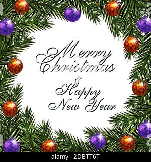 Natale di Capodanno. Iscrizione di saluto. Palline da cartolina con un motivo. Rami verdi di abeti in un cerchio. Illustrazione vettoriale Foto Stock