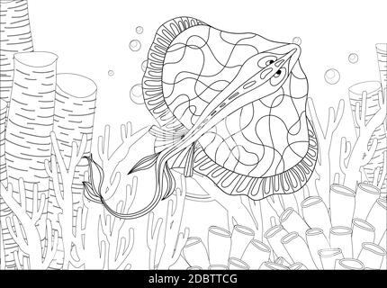 Colorazione. Libro da colorare. Libro da colorare con una foto di un manto stingray in stile zentangle. Disegno di schizzo a mano libera anti-sollecitazione. Illustrazione vettoriale Foto Stock