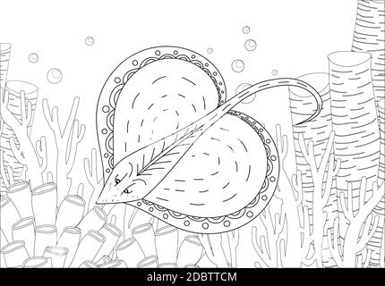 Colorazione. Libro da colorare. Libro da colorare con una foto di un manto stingray in stile zentangle. Disegno di schizzo a mano libera anti-sollecitazione. Illustrazione vettoriale Foto Stock