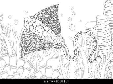 Colorazione. Libro da colorare. Libro da colorare con una foto di un manto stingray in stile zentangle. Disegno di schizzo a mano libera anti-sollecitazione. Illustrazione vettoriale Foto Stock