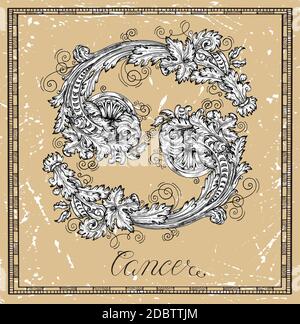 Cancro o segno zodiacale granchio su telaio su tessitura. Collezione di simboli astrologici in stile barocco vittoriano. Immagine vettoriale disegnata a mano per Horo Illustrazione Vettoriale