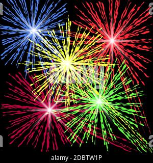 Festoso fuochi d'artificio scoppiato in varie forme scintillanti set di pittogrammi su sfondo nero immagine vettoriale astratta isolata Foto Stock
