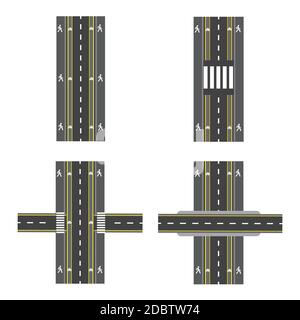 Insieme di diverse sezioni stradali con transizioni, piste ciclabili, marciapiedi e incroci. Illustrazione vettoriale Foto Stock