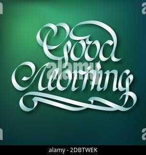 Concetto tipografico di design astratto con elegante nastro calligrafico di buona mattina iscrizione su sfondo sfocato immagine vettoriale isolata Illustrazione Vettoriale