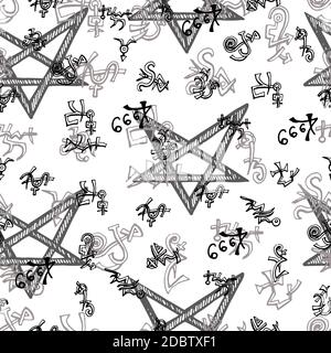 Sfondo senza cuciture con simboli di pentagramma e alchimia su bianco. Illustrazione vettoriale incisa in stile gotico e mistico. Nessuna lingua straniera, tutti i sig Illustrazione Vettoriale