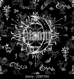 Sfondo senza cuciture con simboli di sole e luna, alchimia. Illustrazione vettoriale incisa in stile gotico e mistico. Nessuna lingua straniera, tutti i segni ar Illustrazione Vettoriale