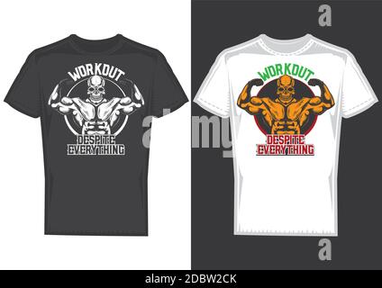 T-shirt design campioni con illustrazione di un cranio con grandi muscoli. Illustrazione Vettoriale