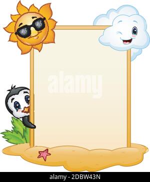 Illustrazione vettoriale del cartello estivo con pinguino, personaggio del sole e nuvole sorridenti Illustrazione Vettoriale